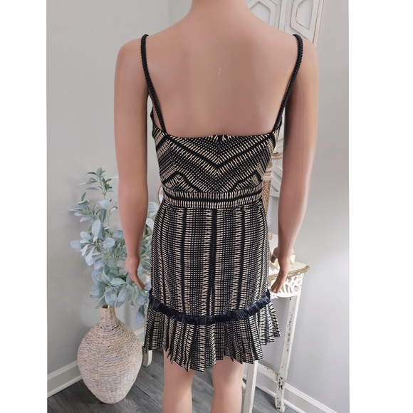Alexis Grazie Black Beige Stripe Print Pleated Raffia Trim Mini Dress - Picture 3 of 16